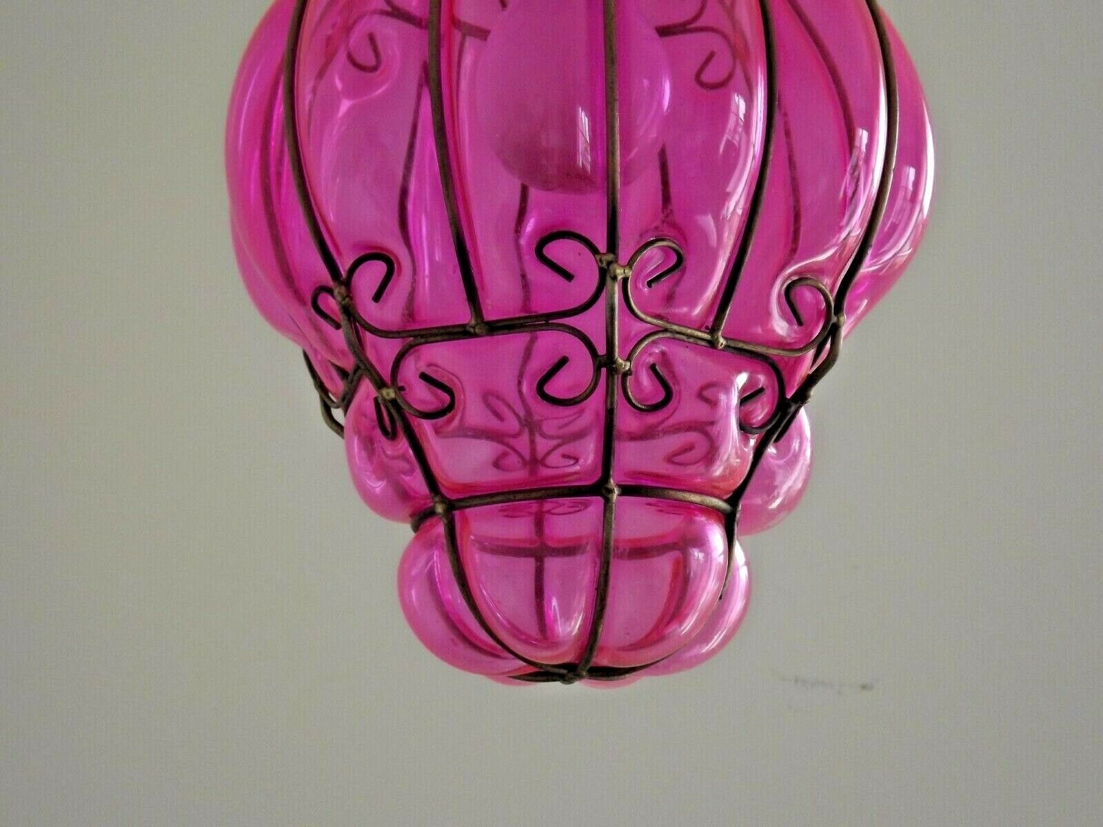 Beautiful Shaded Deep Pink  Murano Blown Glass Wrought Iron Ceiling Light
