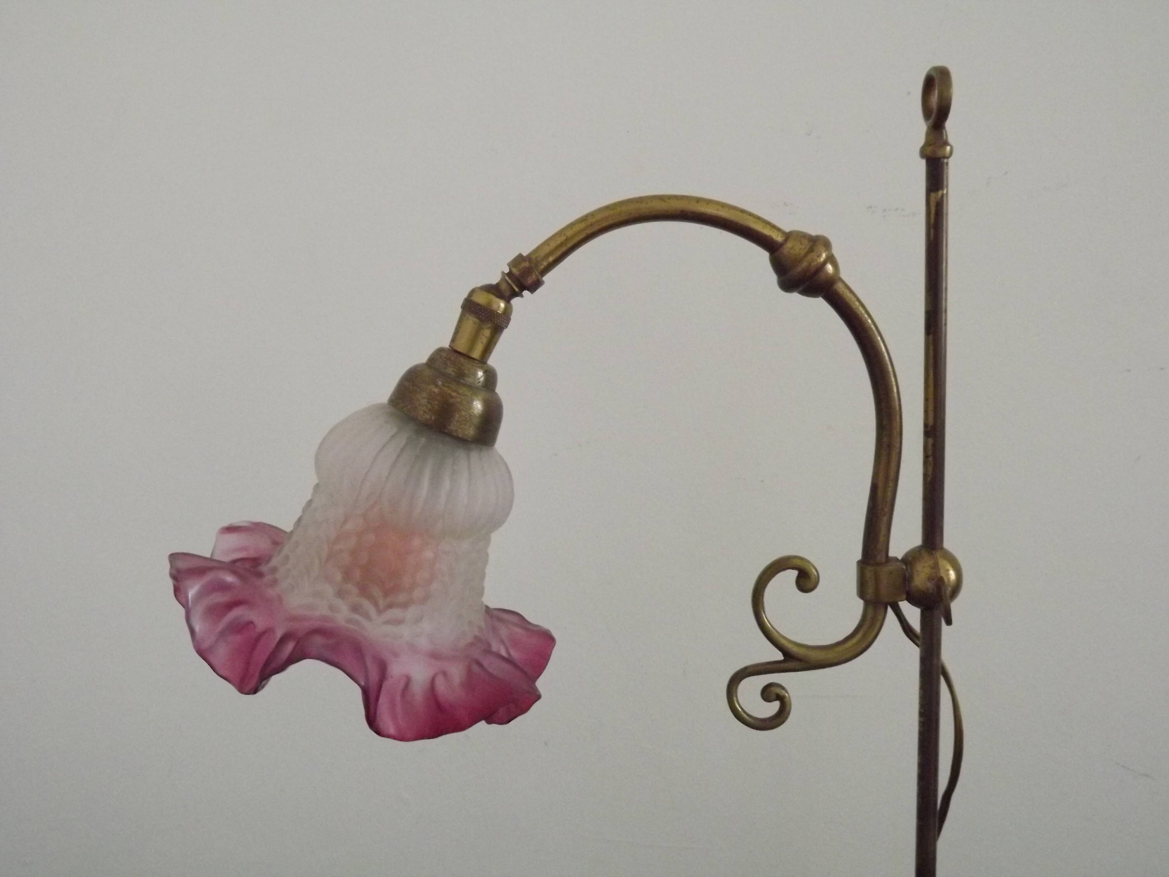 French Antique Brass Anglepoise Table Lamp Patterned Glass Pink Edged Shade 5131