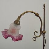 French Antique Brass Anglepoise Table Lamp Patterned Glass Pink Edged Shade 5131