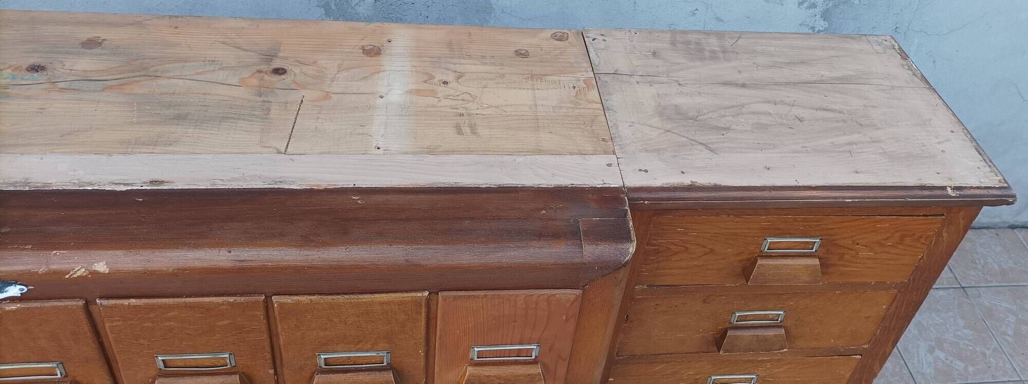 Apothecary or trade cabinet in fir with 53 drawers.