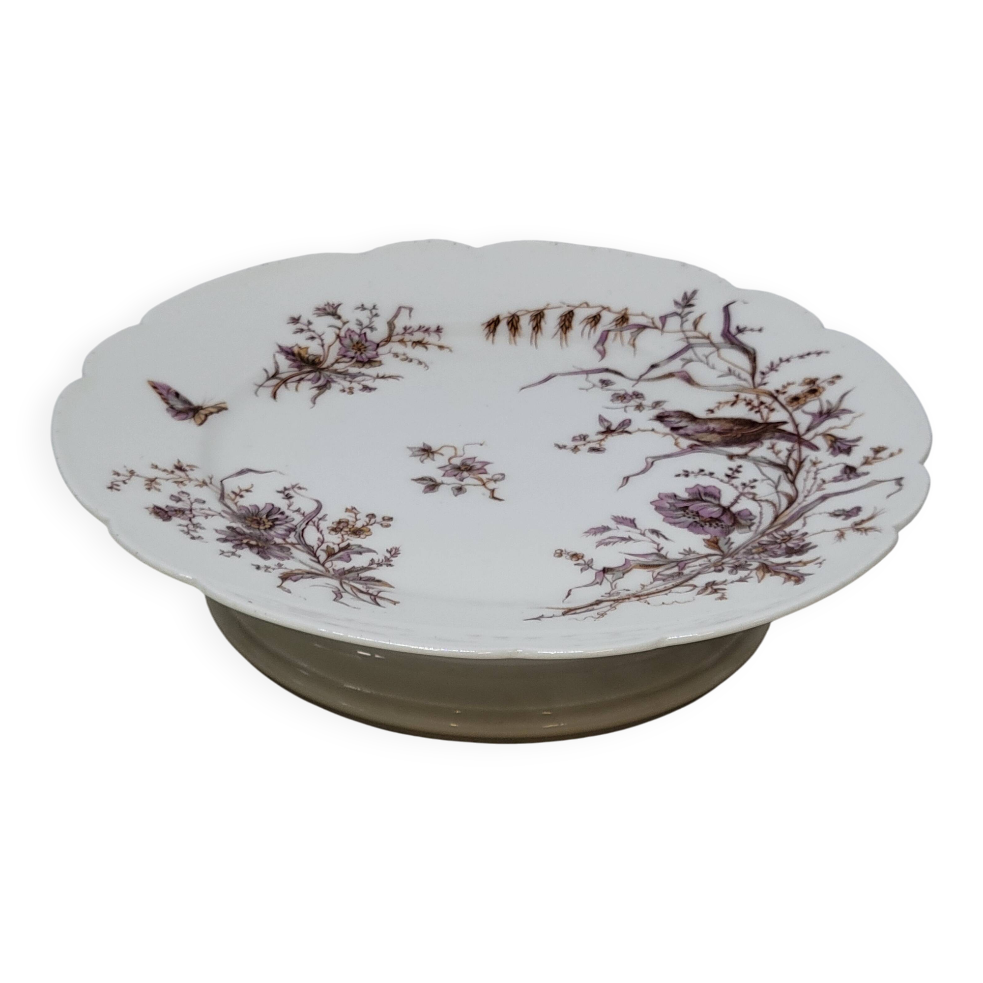 Superb Plate Dish on Pedestal 19th Century White Porcelain Bird Decor