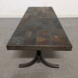 Brutalist coffee table in natural stone and wrought iron, France circa 1960.