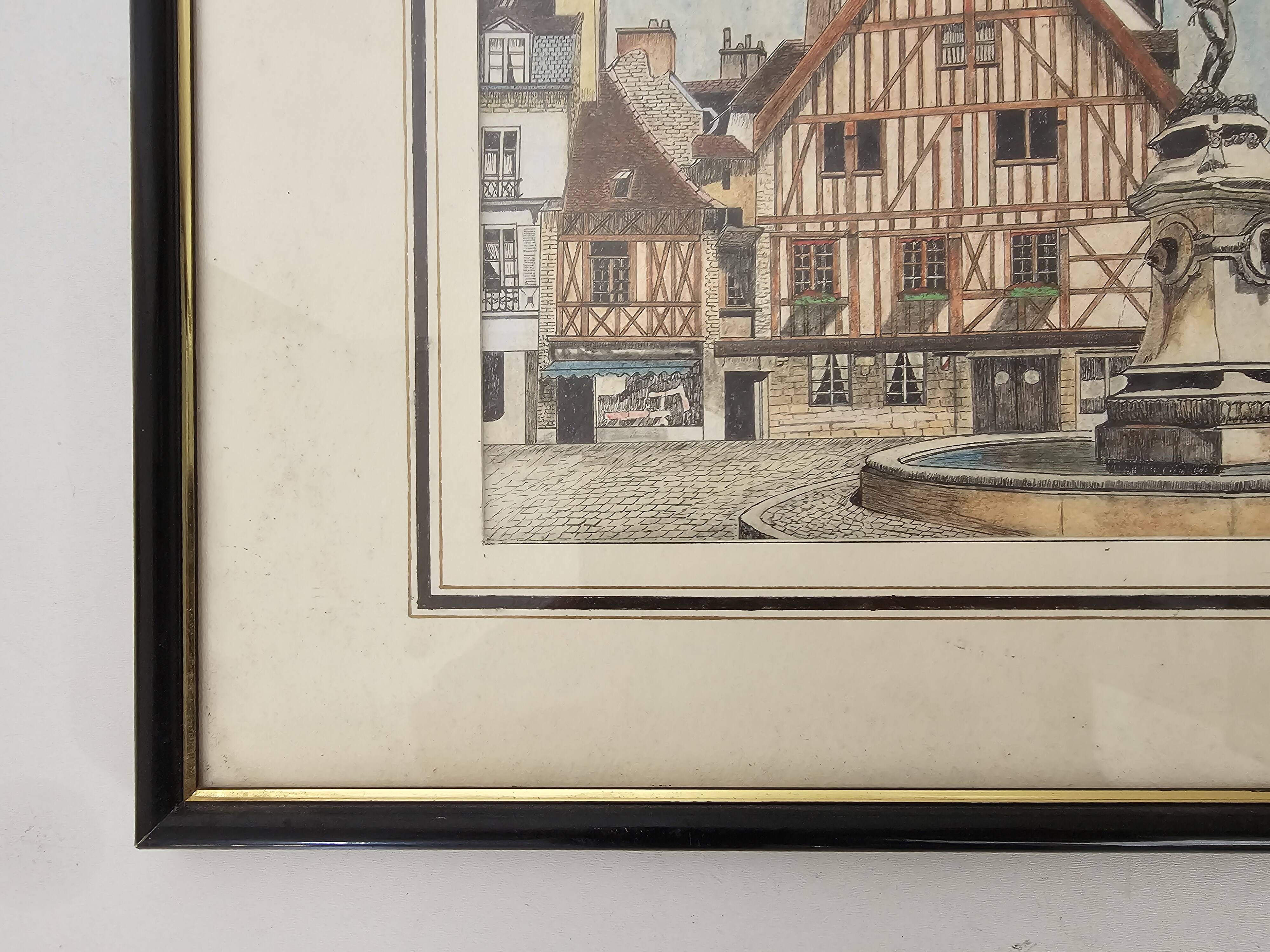 Tableau Ink and pastel - Dijon Place François-Rude - E Poinet