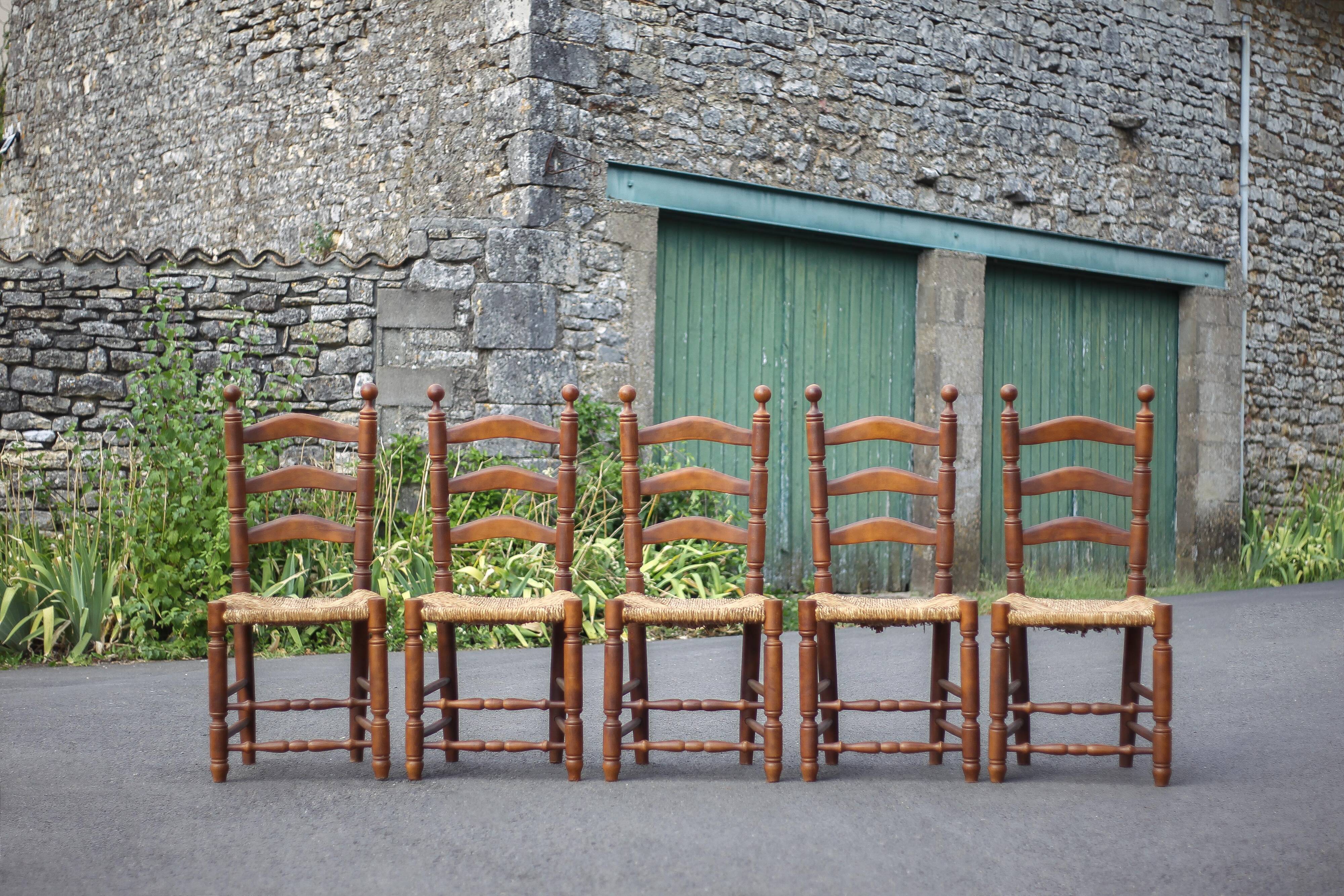 Set of 5 vintage wooden and straw chairs, straw chair, countryside