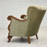 1960s, Danish armchair, green furniture velour, carved oak wood.