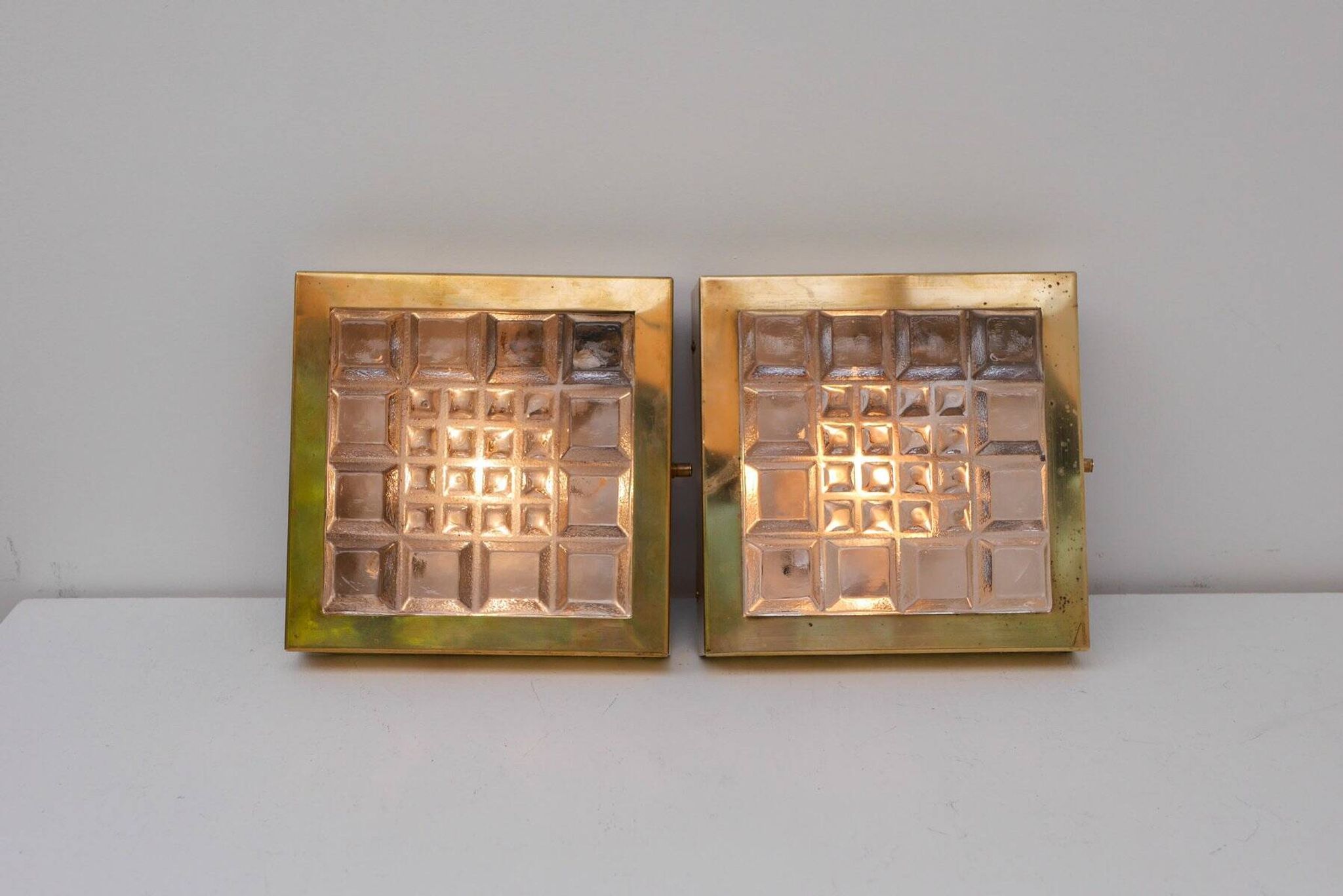 Swedish brutalist glass and brass wall lamps from Falkenbergs Belysning, set of 2