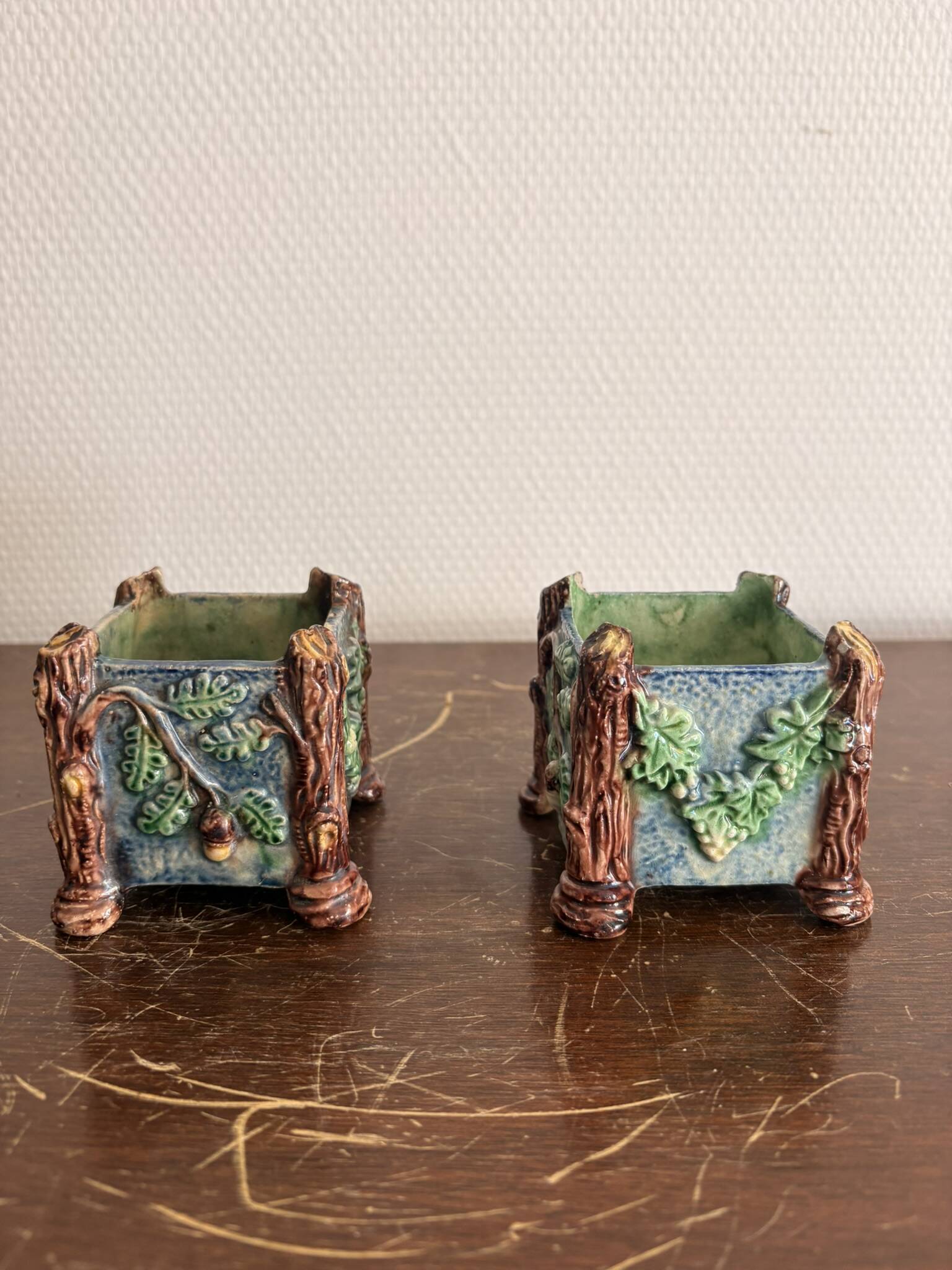 Antique Cache Pot Planter Barbotine Earthenware Enamelled Majolica