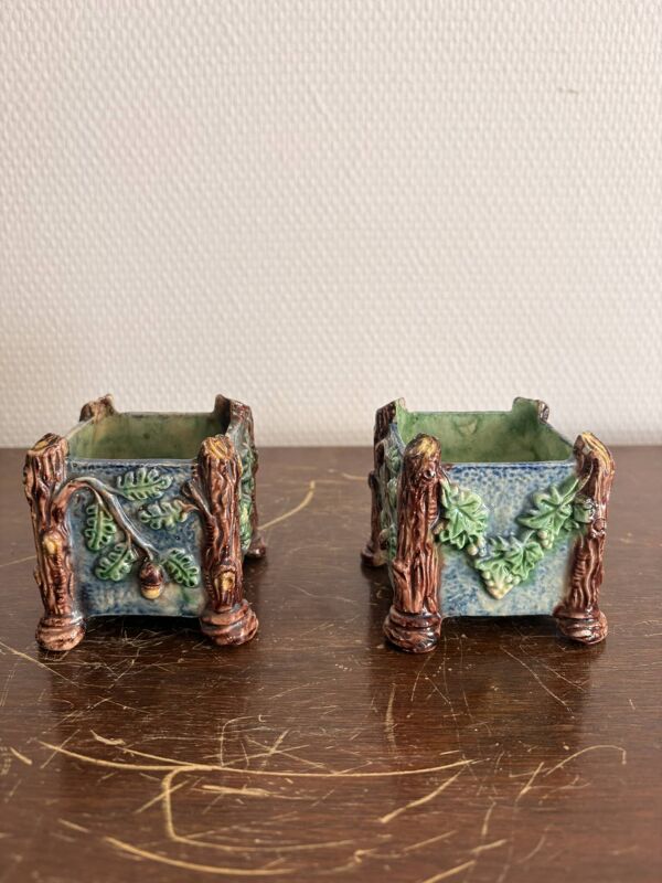 Ancien Cache Pot Jardinière Table Barbotine Terre cuite emmaillée Majolique