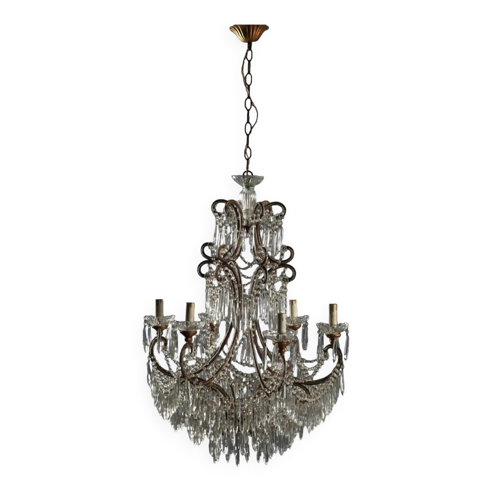 Antique gilded iron chandelier with 6 lights, Italy, early 20th century.