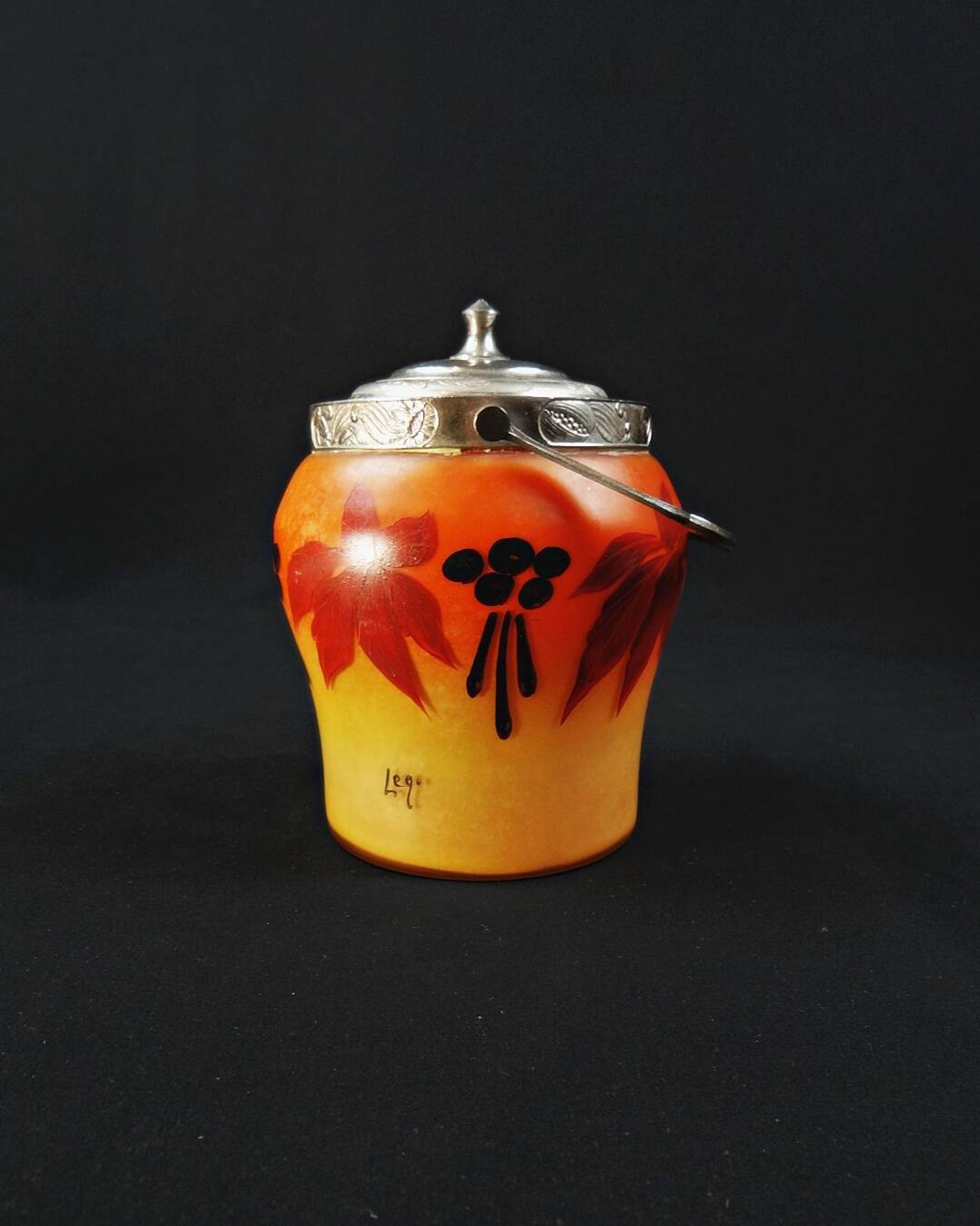 Legras-Montjoye enameled & painted glass biscuit bucket, Art Deco period