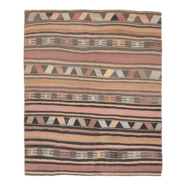 1970s Vintage Turkish Oushak Handmade Wool Cotton Brown Kilim Rug 148x174