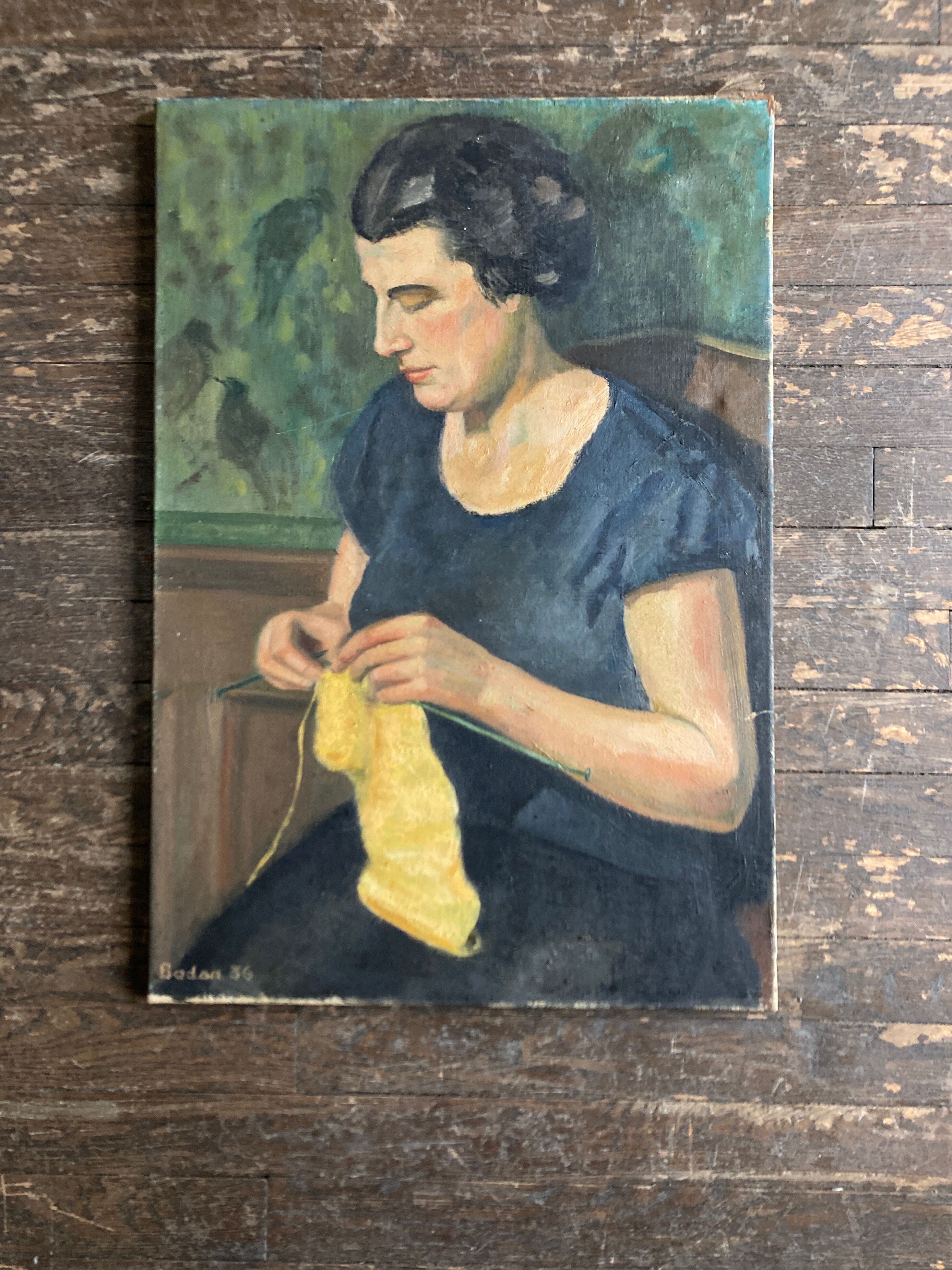 Portrait Woman knitting interior scene oil on canvas 1936