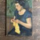 Portrait Woman knitting interior scene oil on canvas 1936