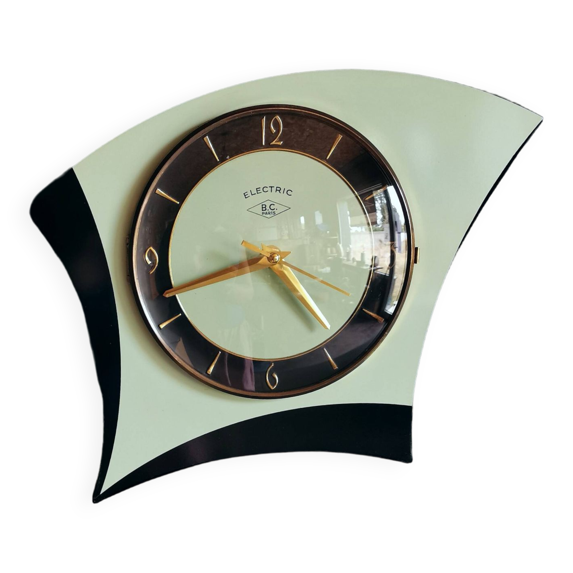 Vintage formica clock asymmetrical silent wall clock "BC Paris electric black green"