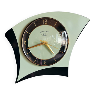 Vintage formica clock asymmetrical silent wall clock "BC Paris electric black green"