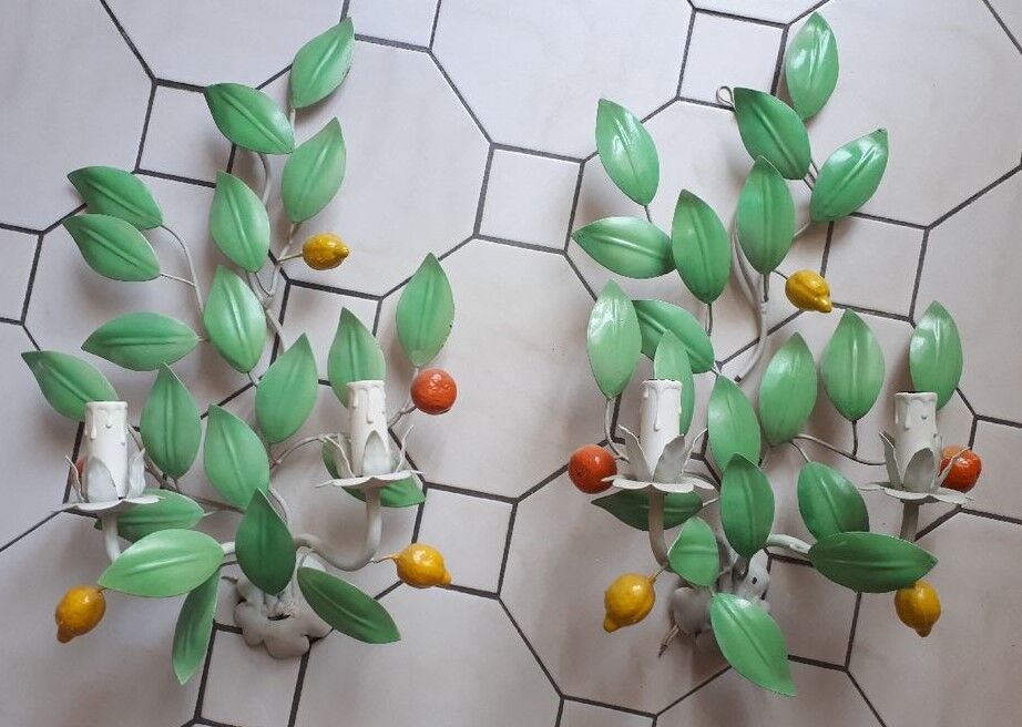 Pair of 70s tole foliage lemon clementine fruit wall lights