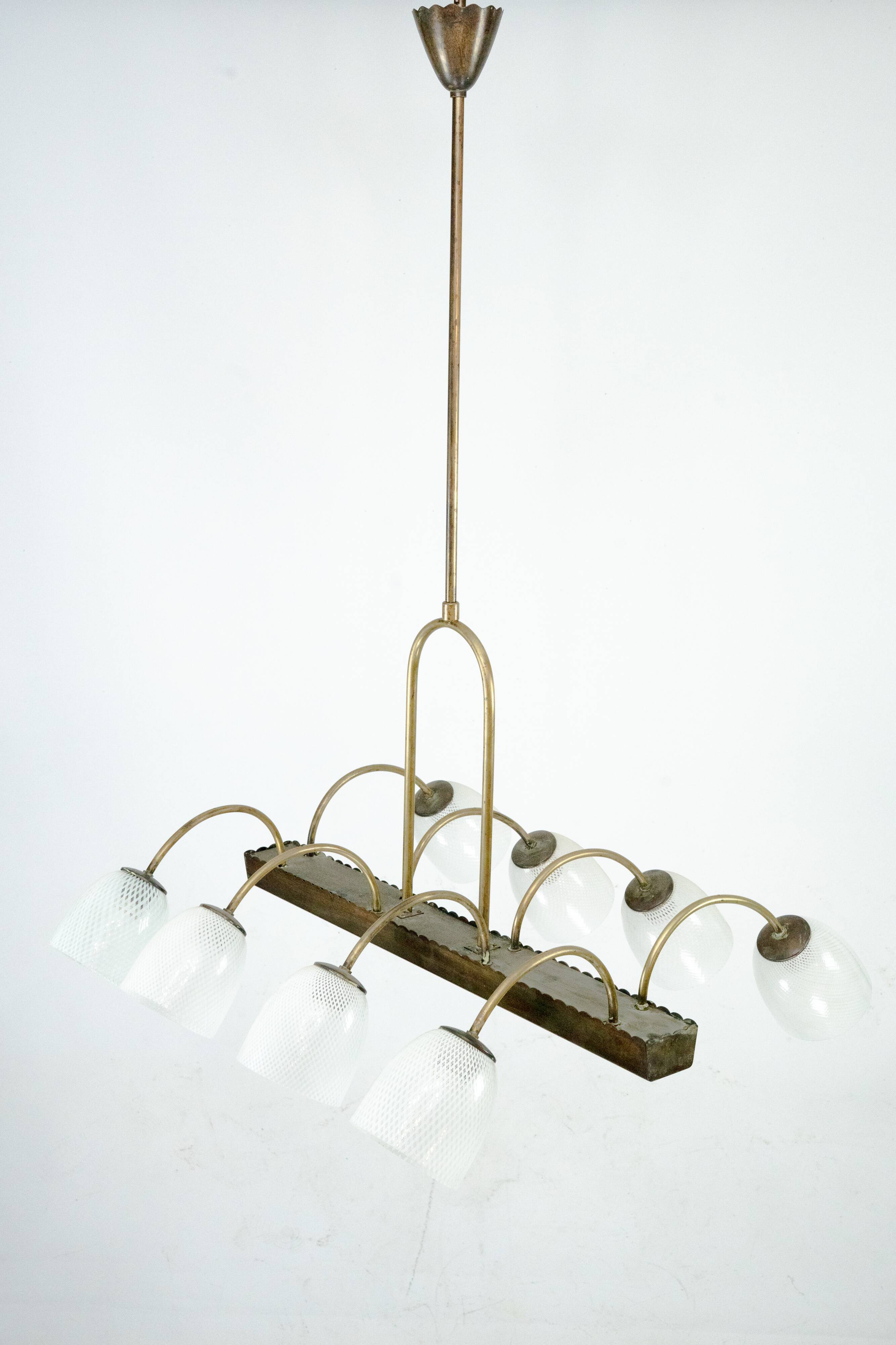 Mid-Century Venini Reticello Glass Chandelier, 8 Arms, Murano, Italy 1940s