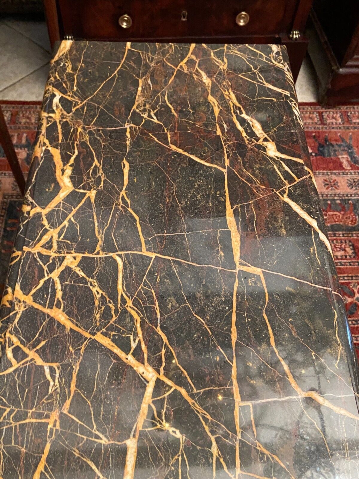 Console sofa back solid wood carved marble yellow vein Indochina late nineteenth