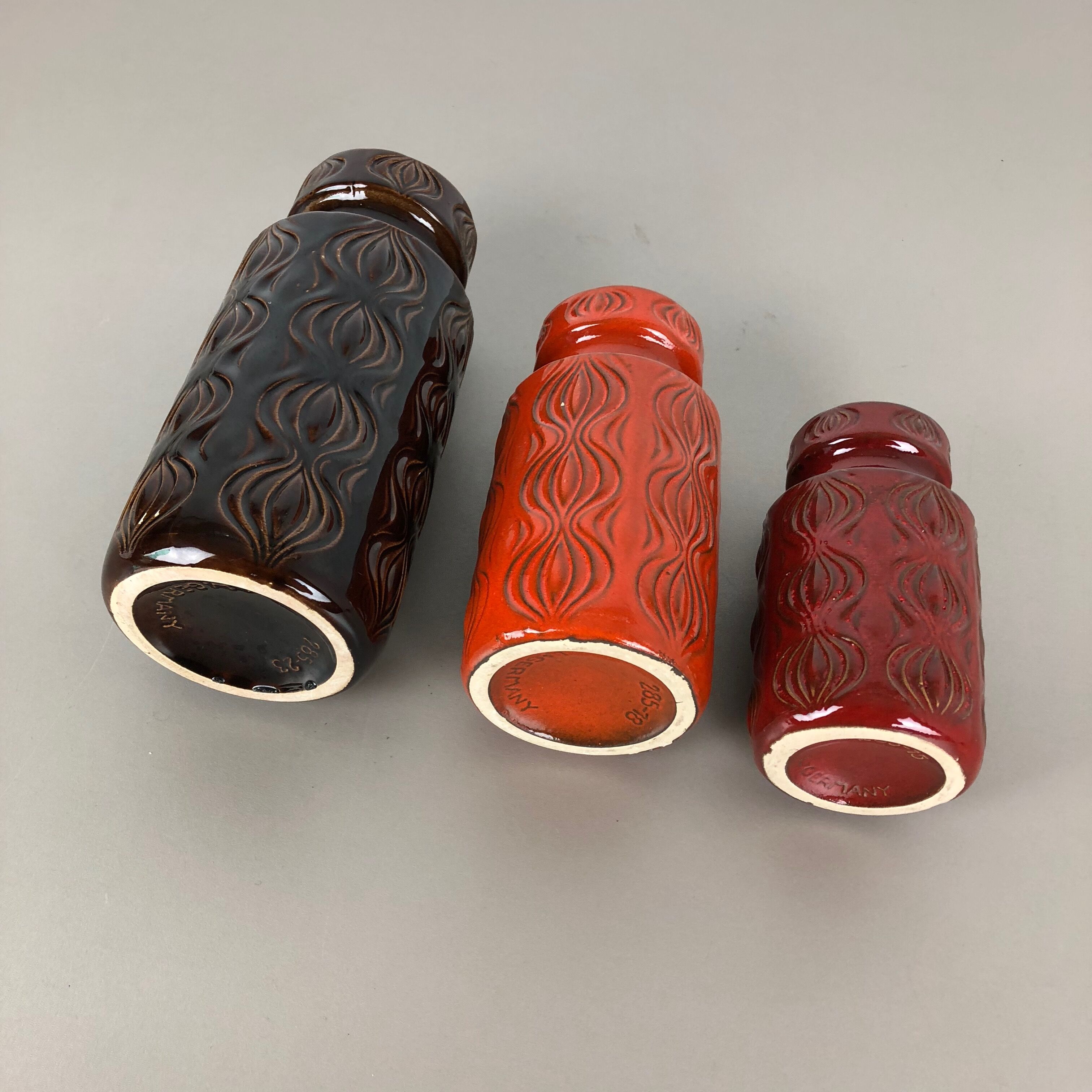 Set of three vintage pottery fat lava 'onion' vases made by Scheurich, Germany