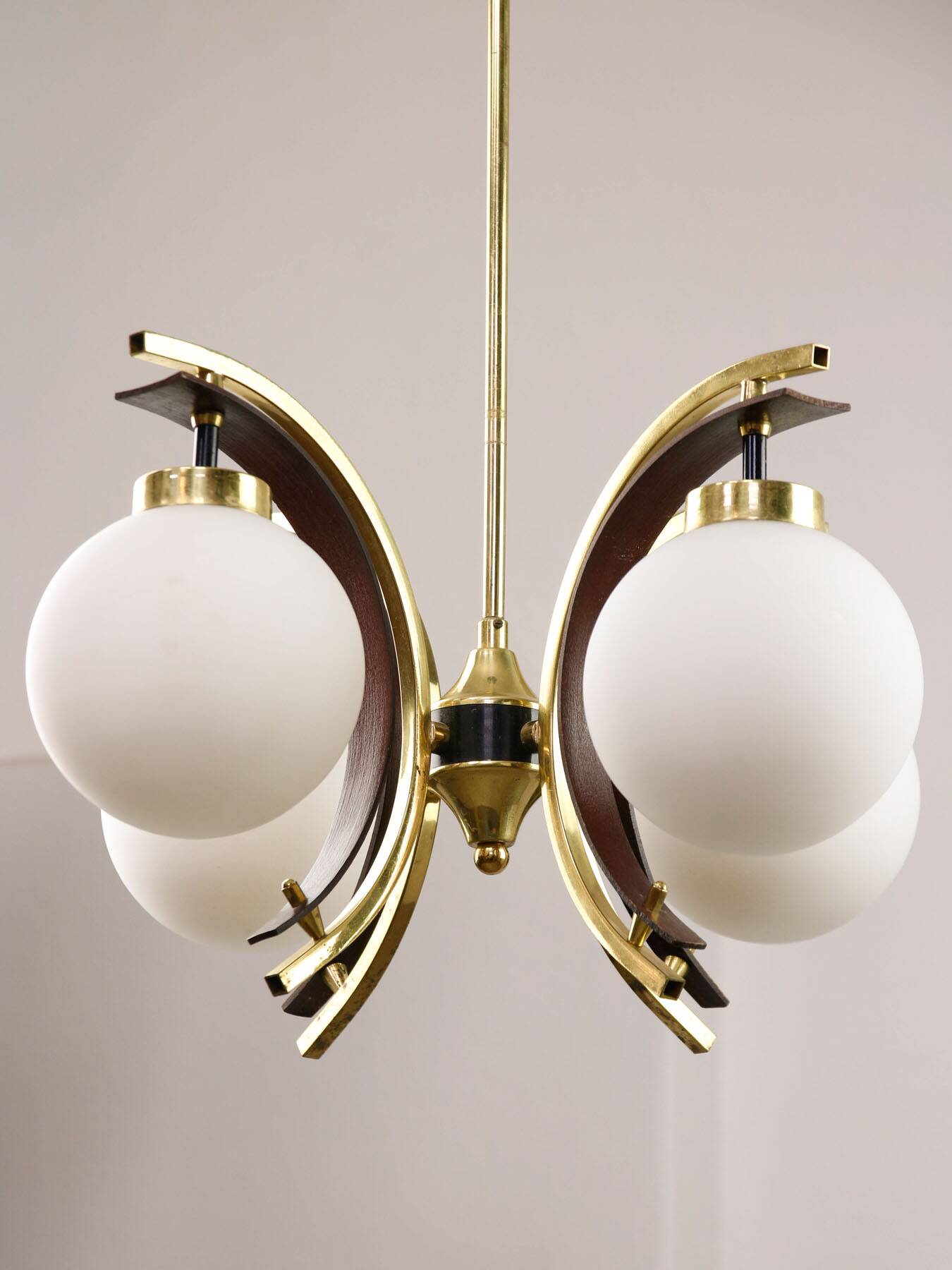 Mid-Century Modern Italian Brass and Opaline Chandelier