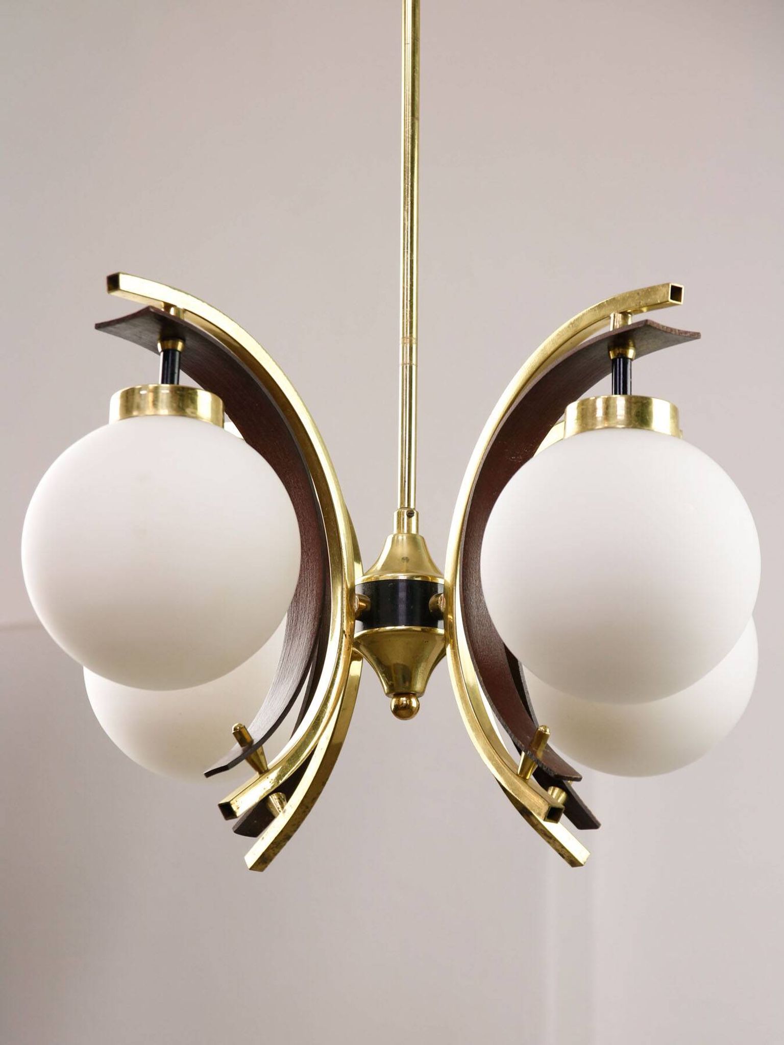 Mid-Century Modern Italian Brass and Opaline Chandelier