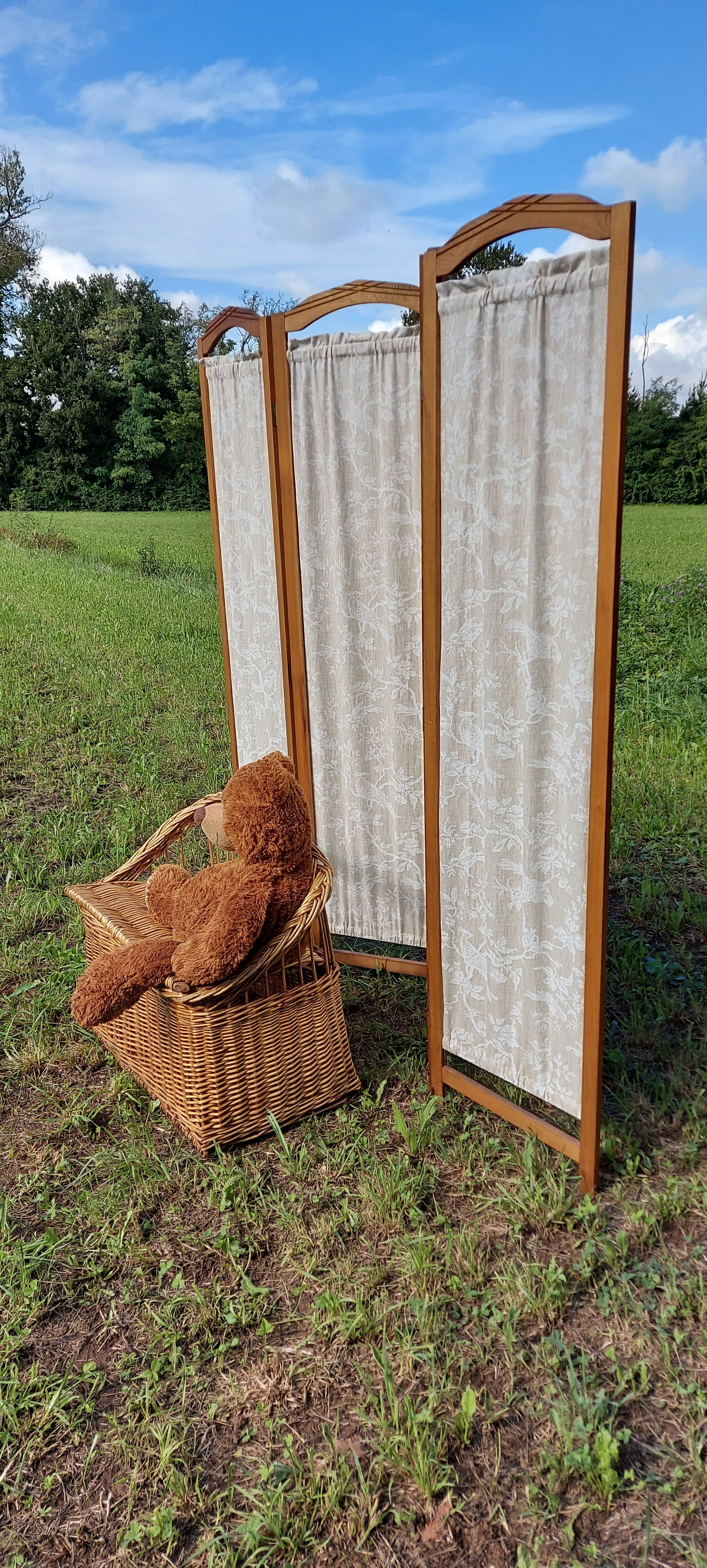Paravent bois et tissu 4 panneaux