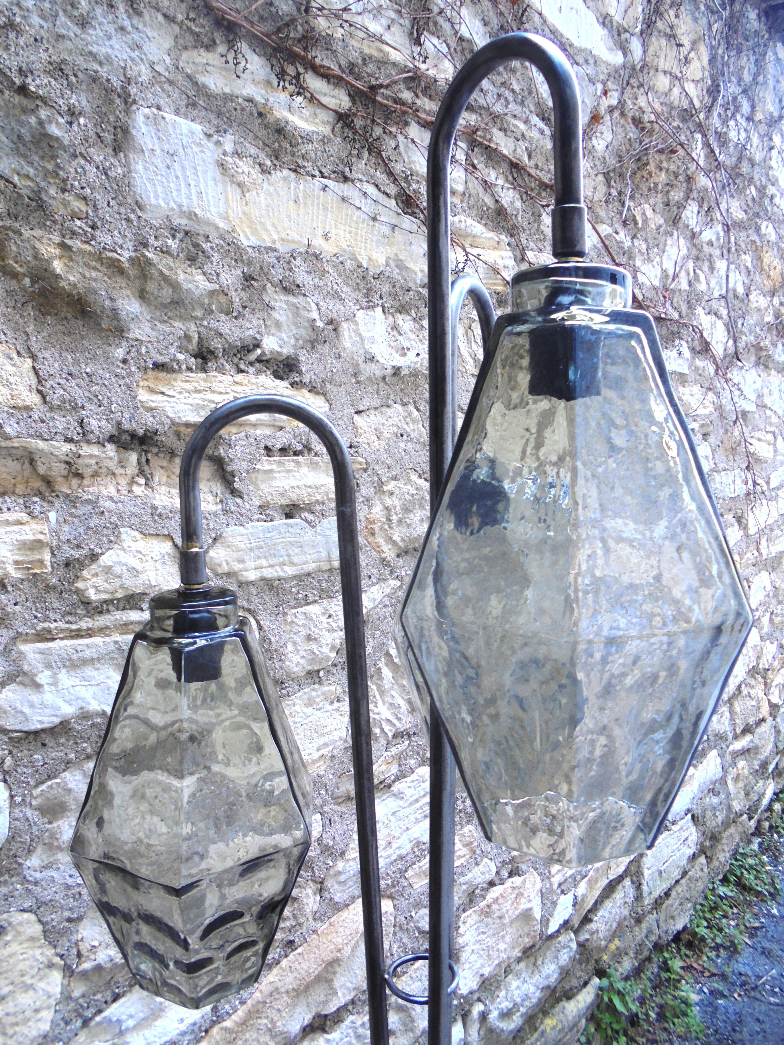 Large tripod steel lamppost and blown glass 1970