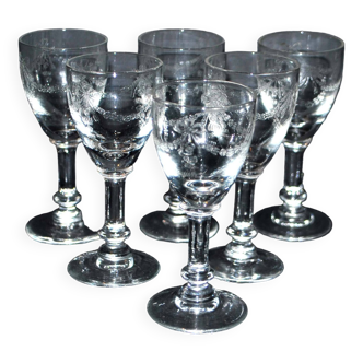 Set of 6 old acid-etched liqueur glasses - decoration of knots and garlands of flowers 1900