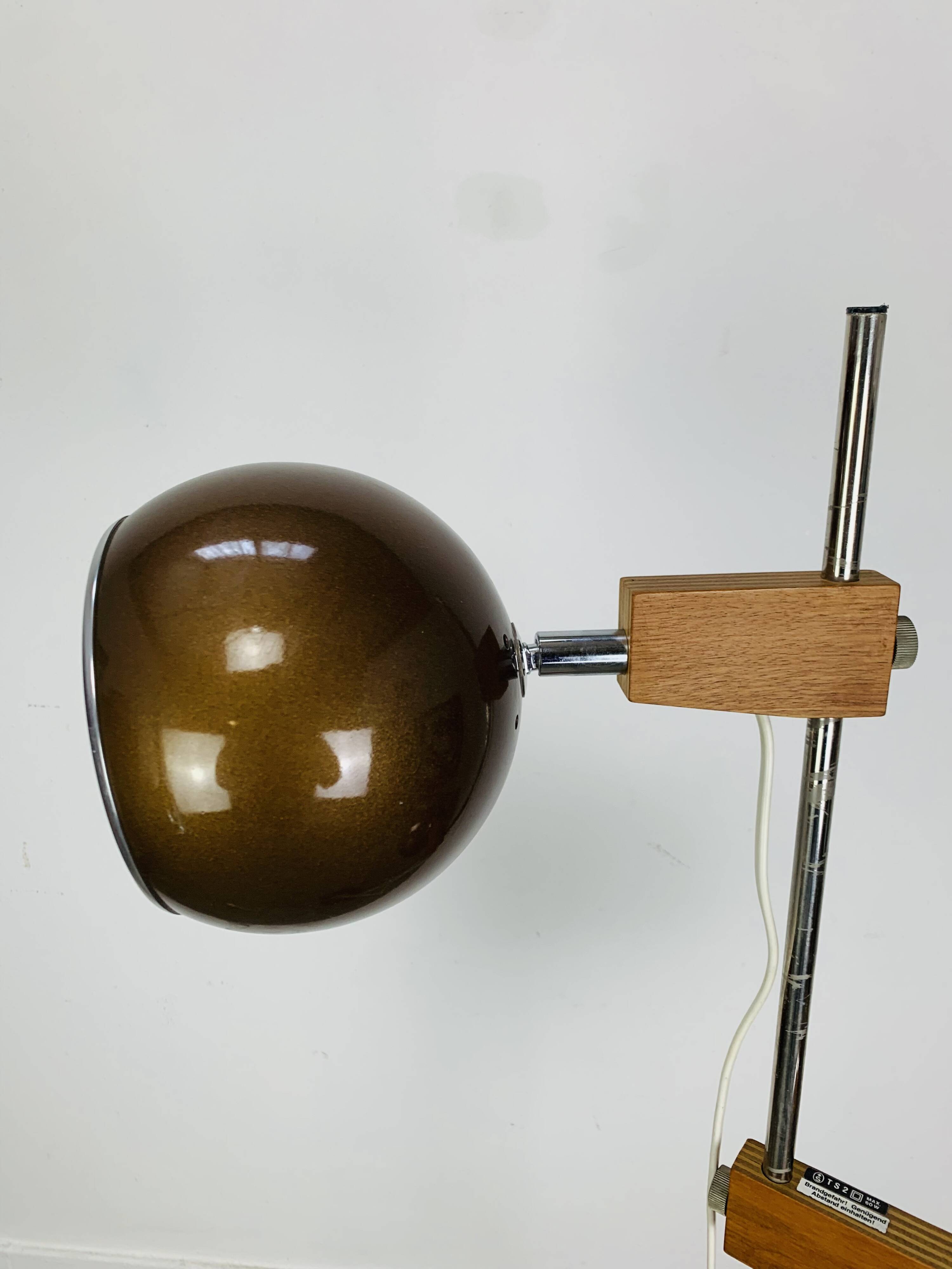 Eyeball floor lamp by Temde Leuchten, copper metal, teak and chrome, 70s.