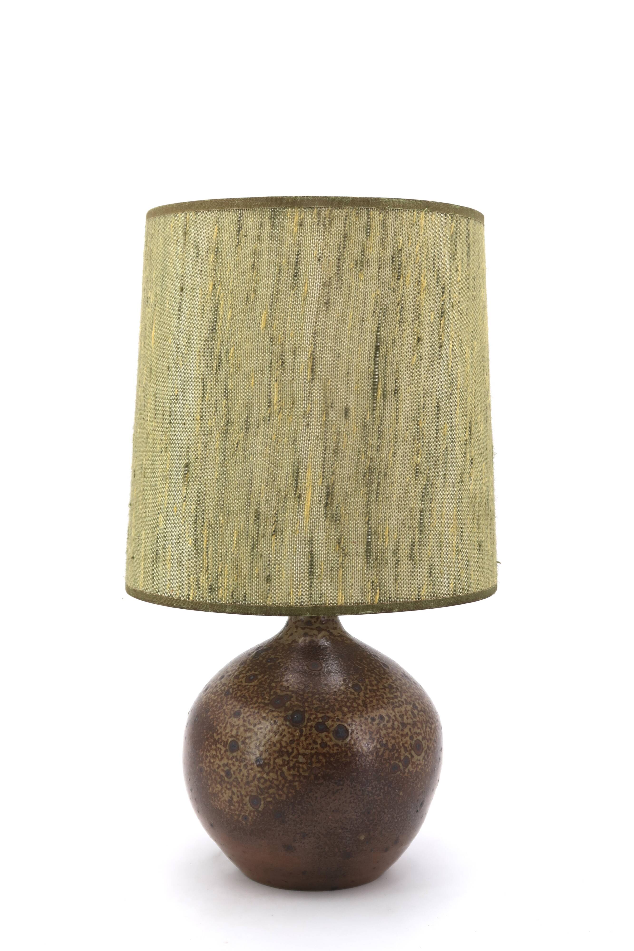 Stoneware lamp by Michel Dumont, green lampshade, 1970s
