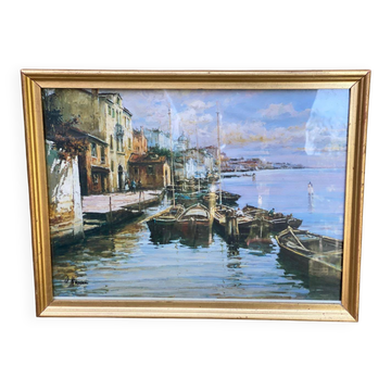 Printed tableau reproduction of a canal scene in Venice 1960