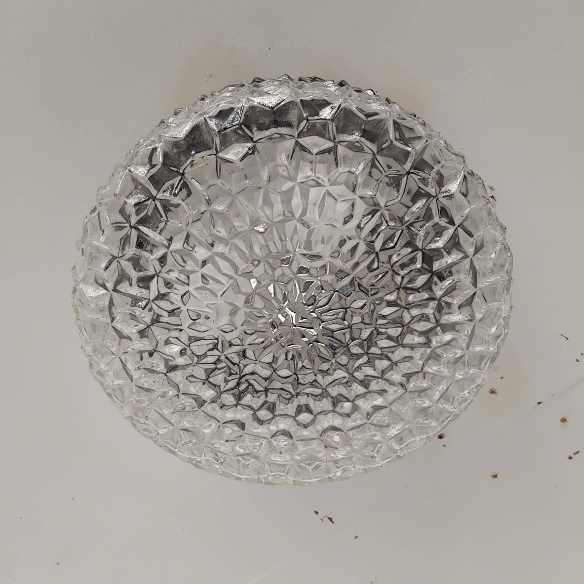 Large round ceiling light in pressed molded glass from the 70s