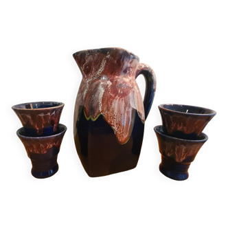 Vintage ceramic pitcher and 4 glasses set