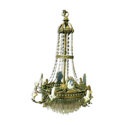Lustre de style Louis XVI en bronze et pendeloques de cristal XIX Siècle