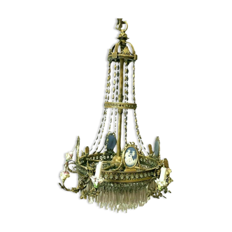 Lustre de style Louis XVI en bronze et pendeloques de cristal XIX Siècle