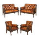 Ensemble Chesterfield cuir avec lion sculpté à la main restauré