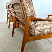 Lot armchairs and sofa 60 years Scandinavian design in vintage blond teak