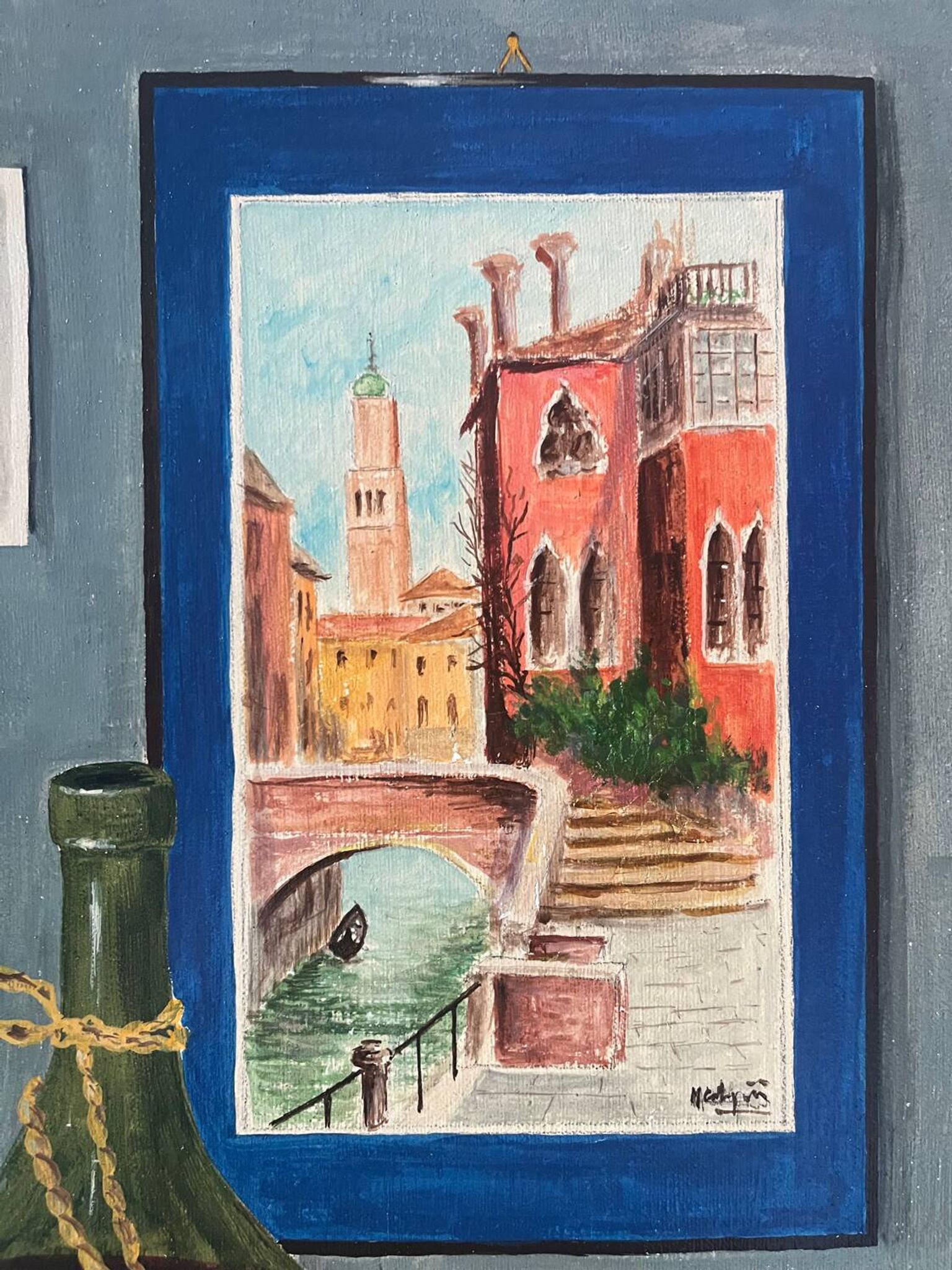 Still life with wine and painting, signed