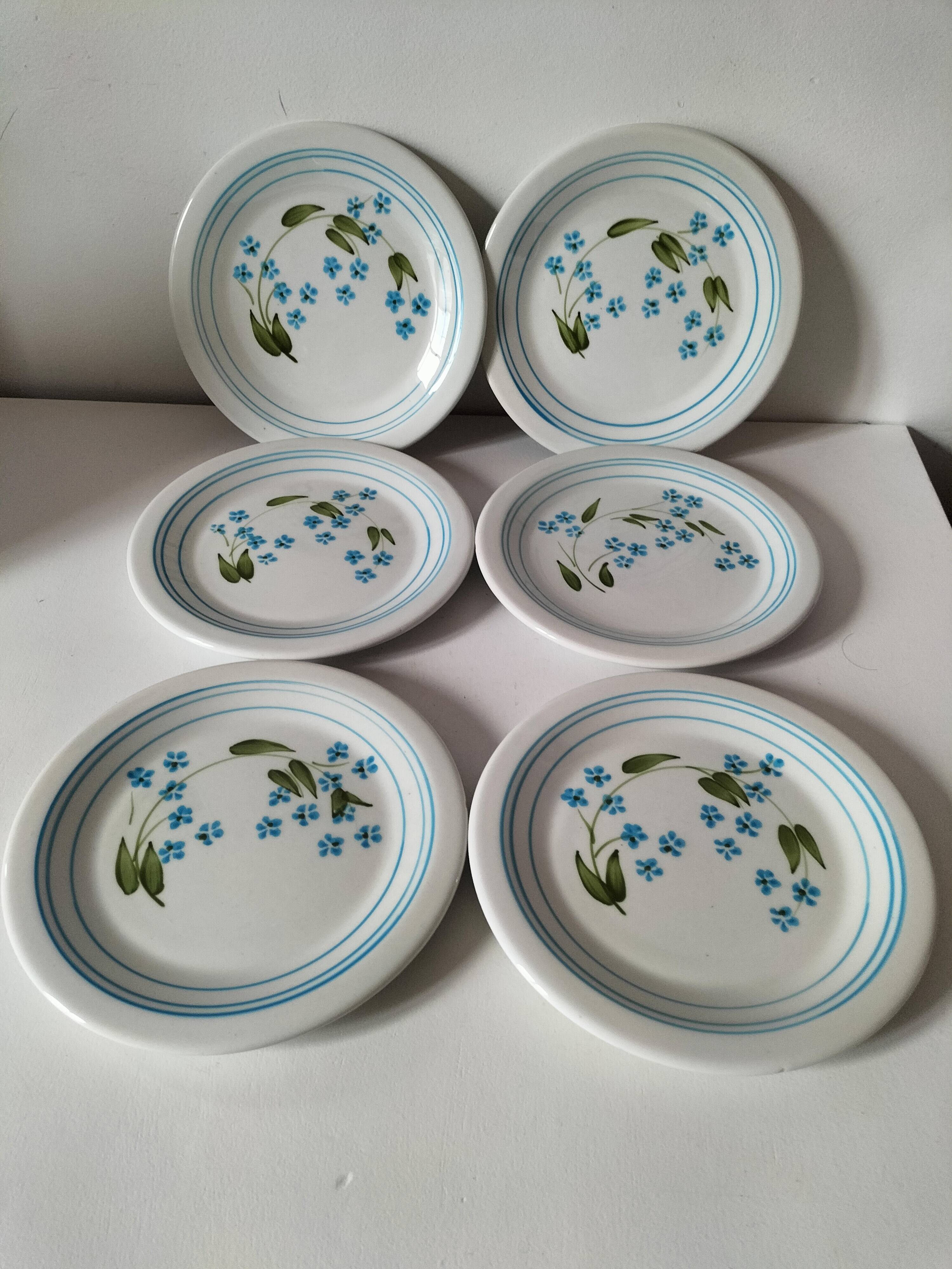 6 assiettes à dessert vintage Quadrifoglio italiennes décor myosotis