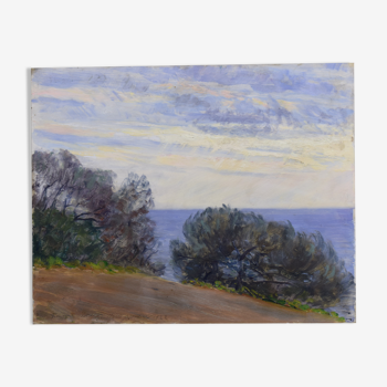 Tableau impressionniste peinture à l'huile sur panneau bord de mer nice 1922 signé