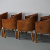 Fauteuils club style art déco en cuir cognac, pays-bas, set de quatre
