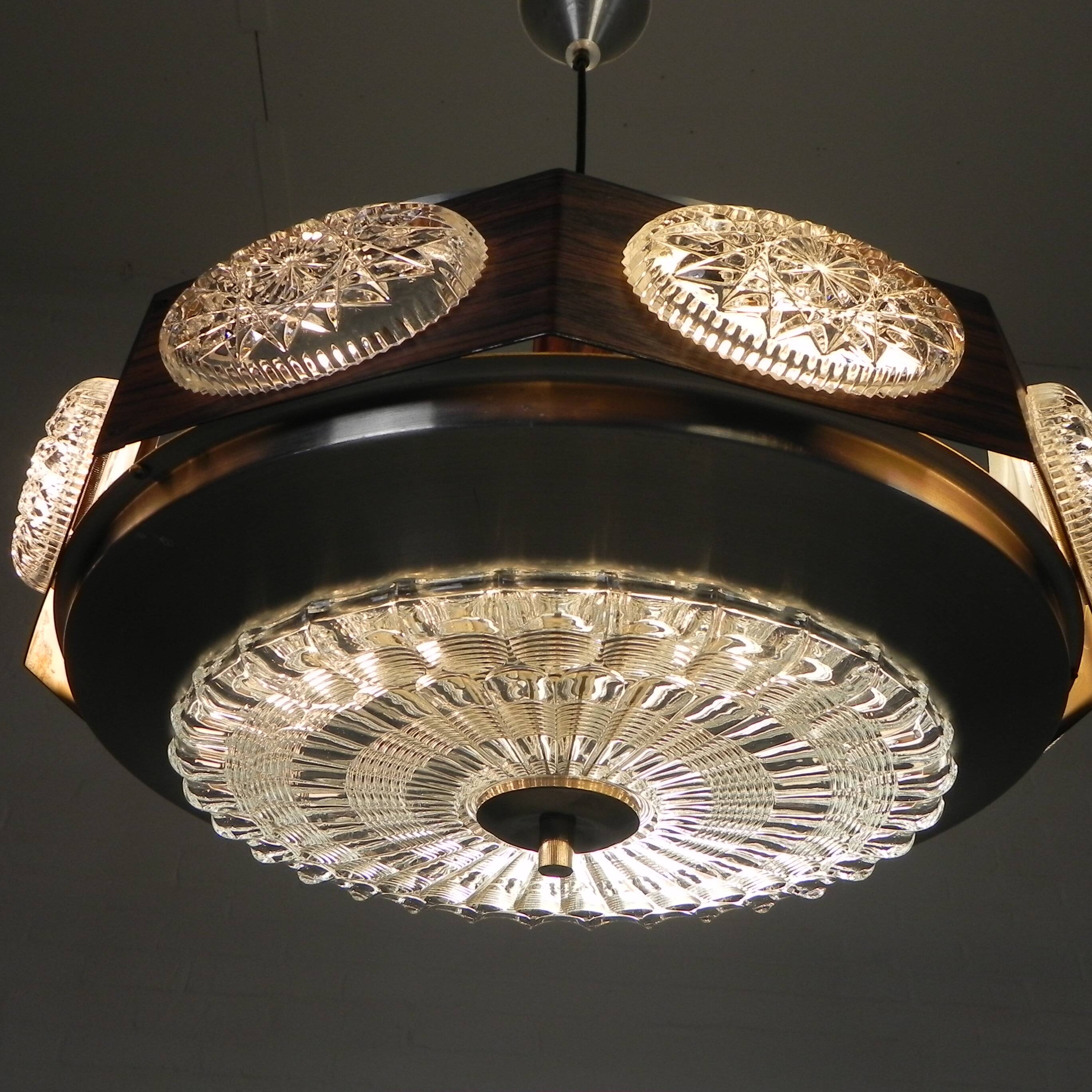 Vintage Lakro pendant light with 9 oval glass panels and 1 round glass panel, 1970s