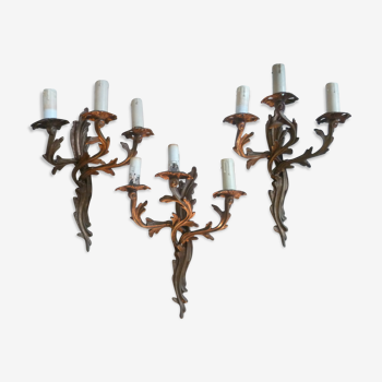 3 wall lamps 3 fires in bronze gild styl noodle jugenstyl