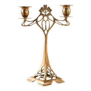Art Nouveau brass candlestick with floral ornamentation, two arms, European