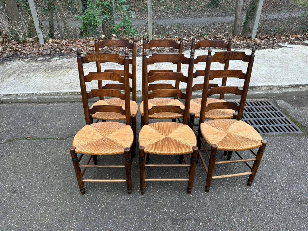 6 solid wood dining chairs with rush seats, oak, 19th century.