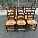6 solid wood dining chairs with rush seats, oak, 19th century.