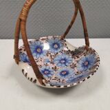 Beautiful small painted ceramic basket with woven handle