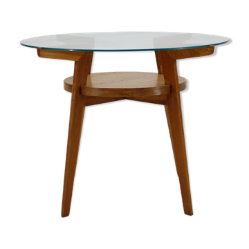 Table à café en chêne et verre des années 1960 Tchécoslovaquie