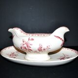 Sarreguemines earthenware gravy boat, Red Favorite with birds