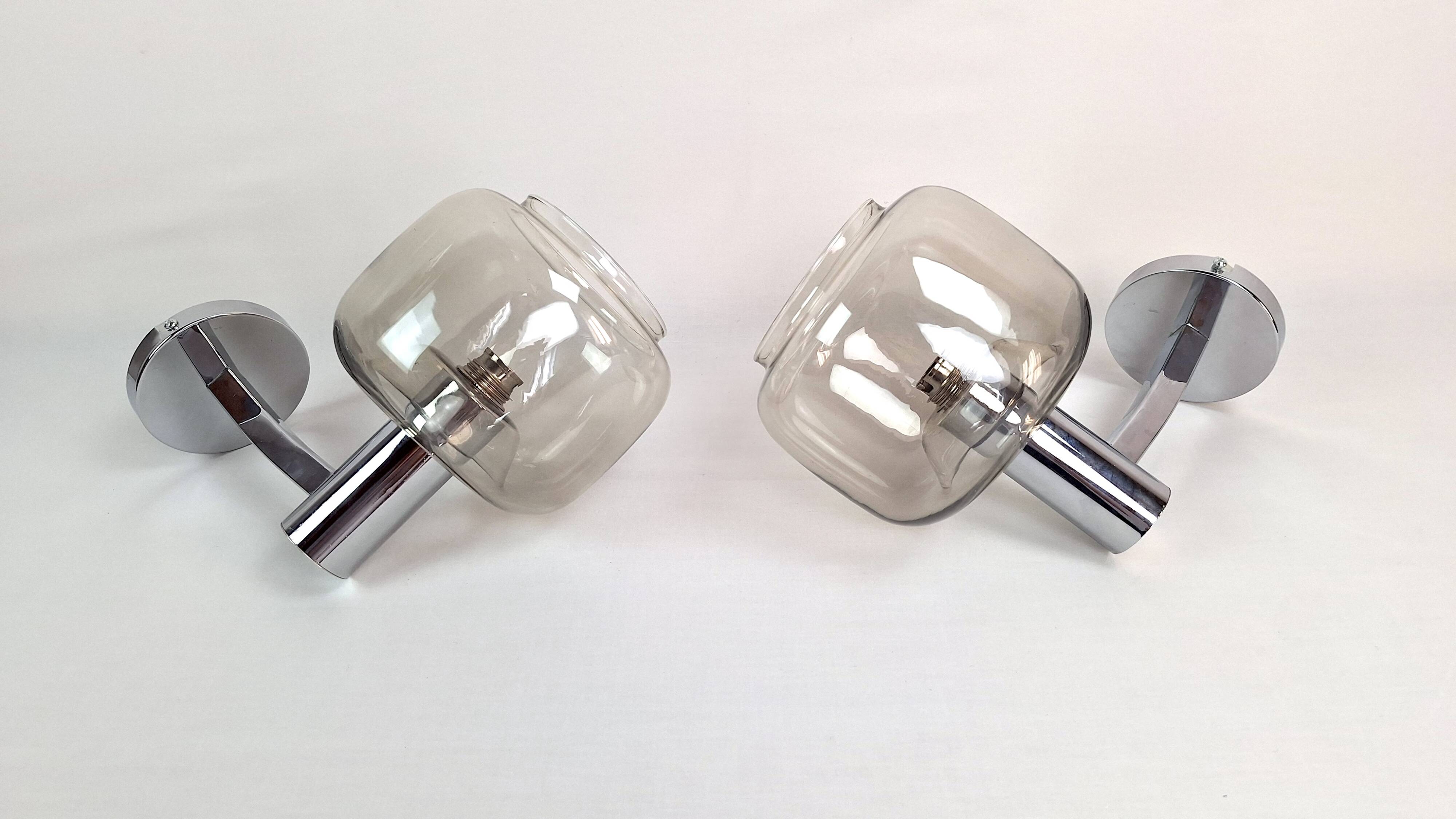 Chrome-plated metal and glass wall lights, 1970